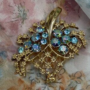 Vintage Coro Floral Crystal Bouquet Brooch - Aurora Borealis Stones